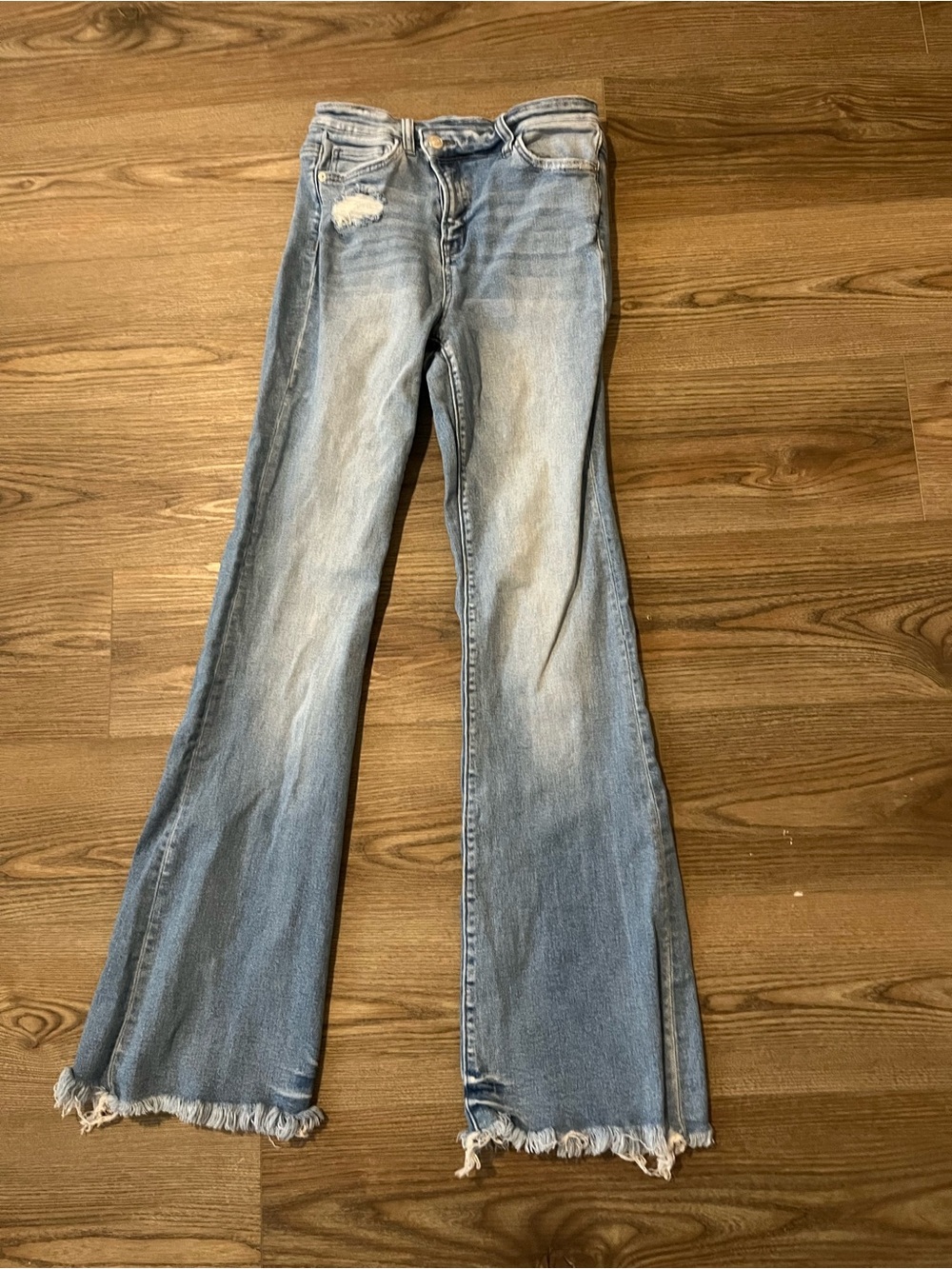 Mica Los Angeles Light Wash Flared Jeans with Raw Hem 26